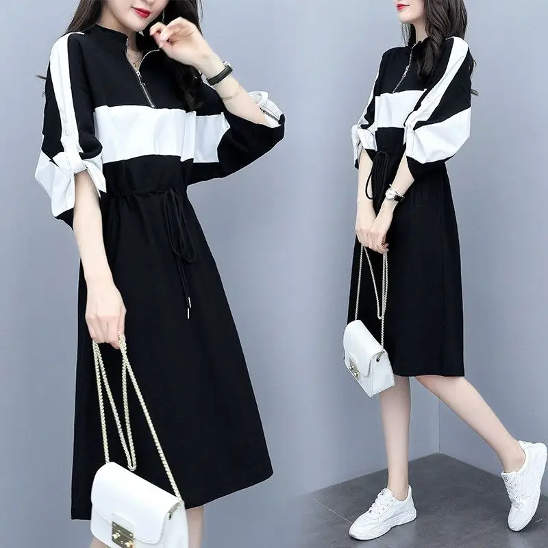 

Fashion Stand Collar Zipper Shirring Lace Up Bow Casual Dresses Female Clothing 2024 Spring Summer New Loose Korean Midi Dress