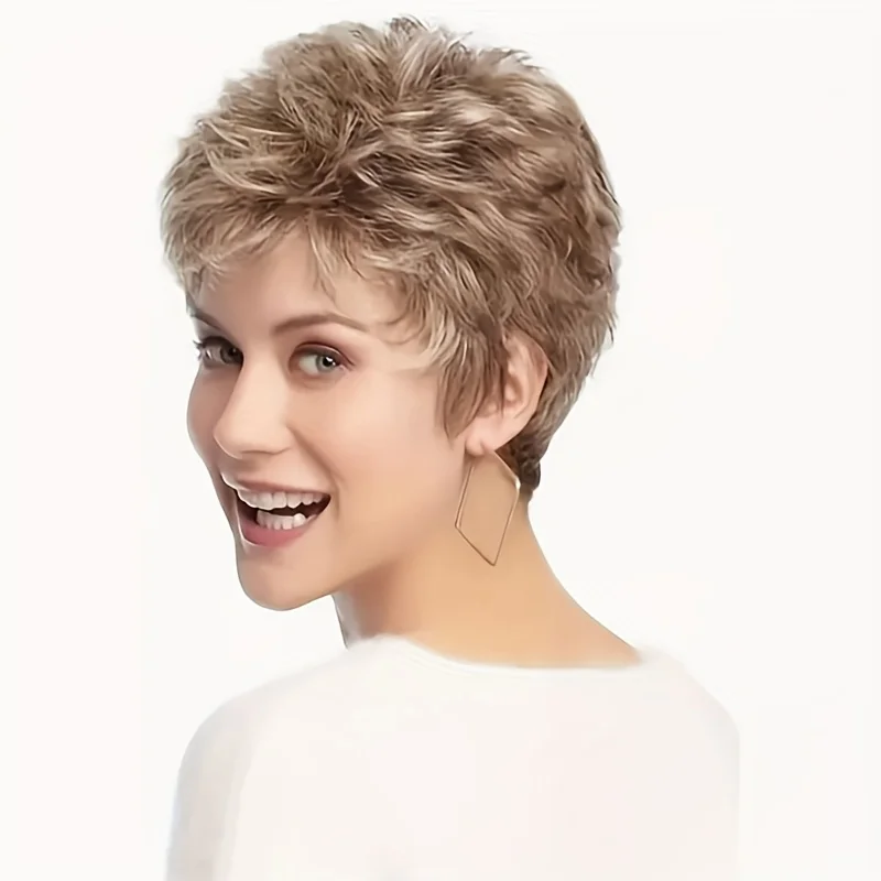 Light brown synthetic fiber whole short hair wig rose mesh hat, natural look suitable for daily wear Versatile hairstyle