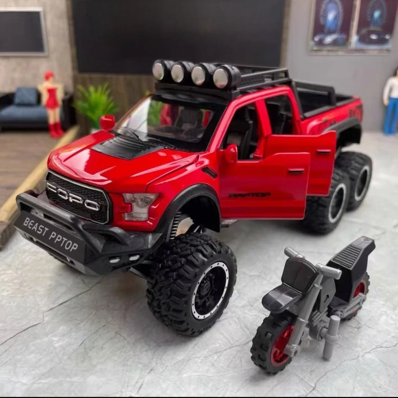 

1:28 Raptor F150 Big Wheel Alloy Diecast Car Model With Sound Light Pull Back Car Toys For Children Xmas Gifts