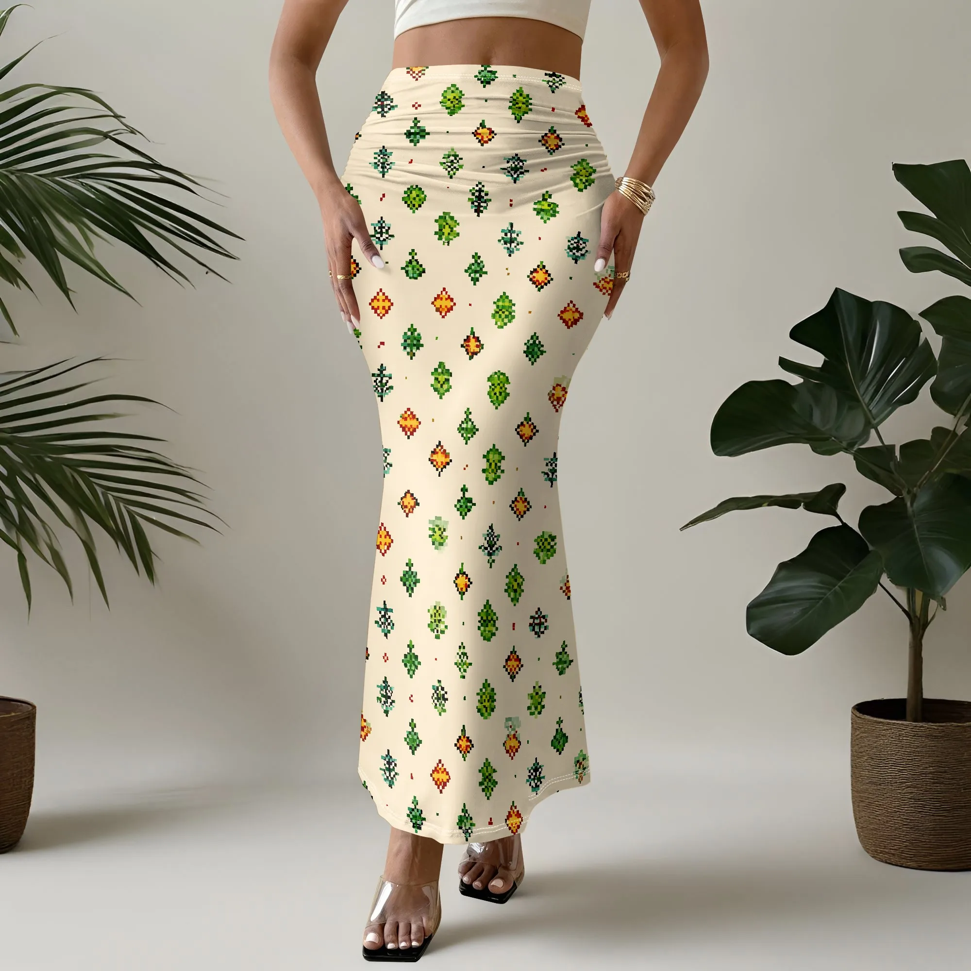 Printed Mermaid Skirt, Geometric Pattern Maxi Skirt, High Waist Long Skirt for Women Summer Casual Party S-3XL