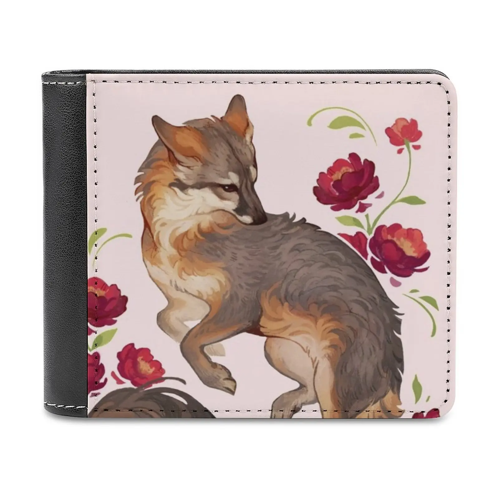 

Grey Fox With Red Flowers Leather Wallet Men's Wallet Diy Personalized Purse Father'S Day Gift Fox Foxes Grey Fox Animal Wild