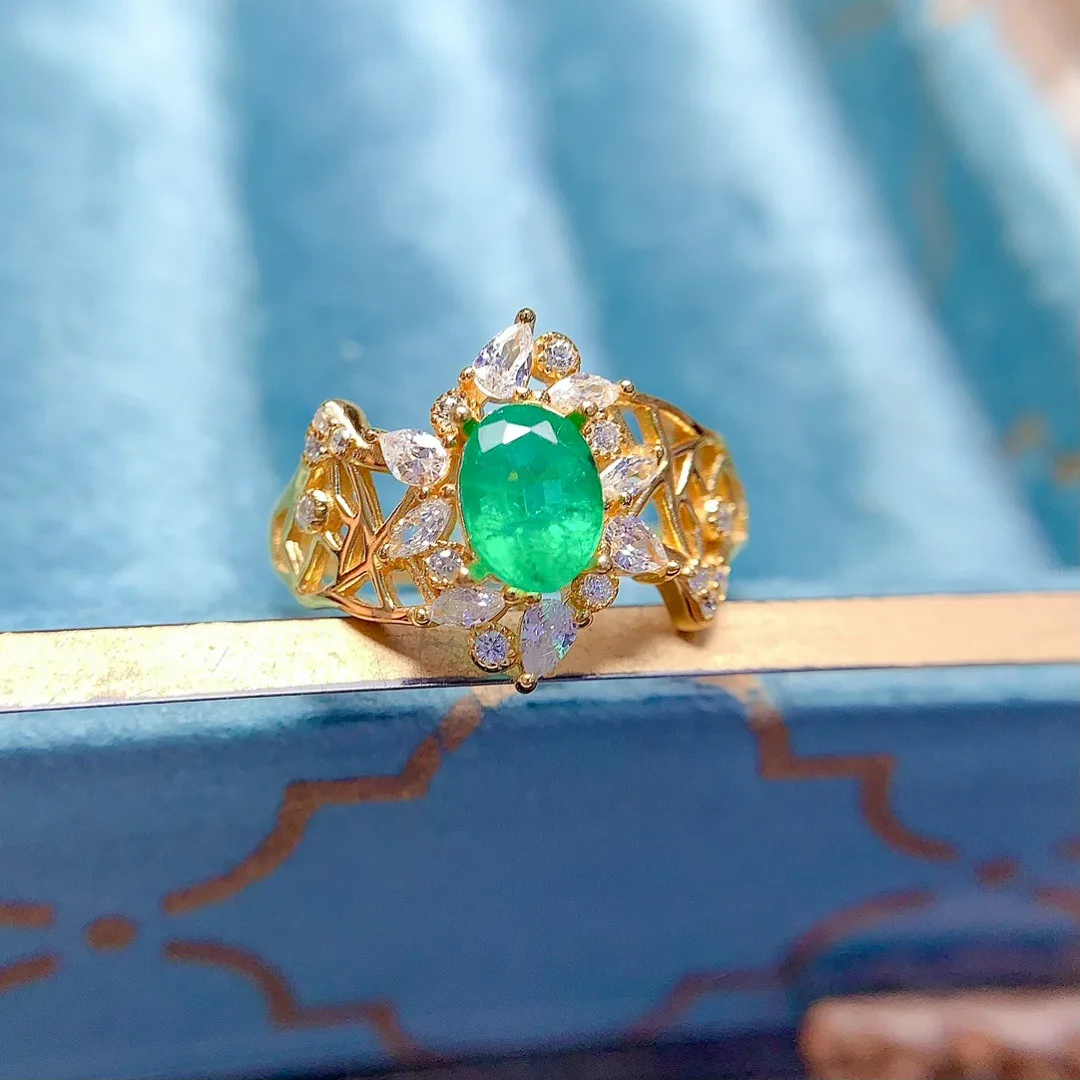 Natural Emerald Ring S925 Pure Silver Inlay High Purity Quality Deep Rich Color Exquisite Design Elegant Temperament Jewelry