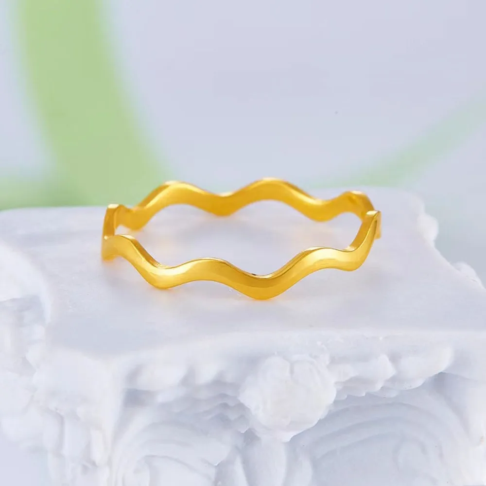 Real Pure 999 24K Yellow Gold Band Women Lucky 1.3mm Glossy Wavy Ring 1.25g/US Size 6