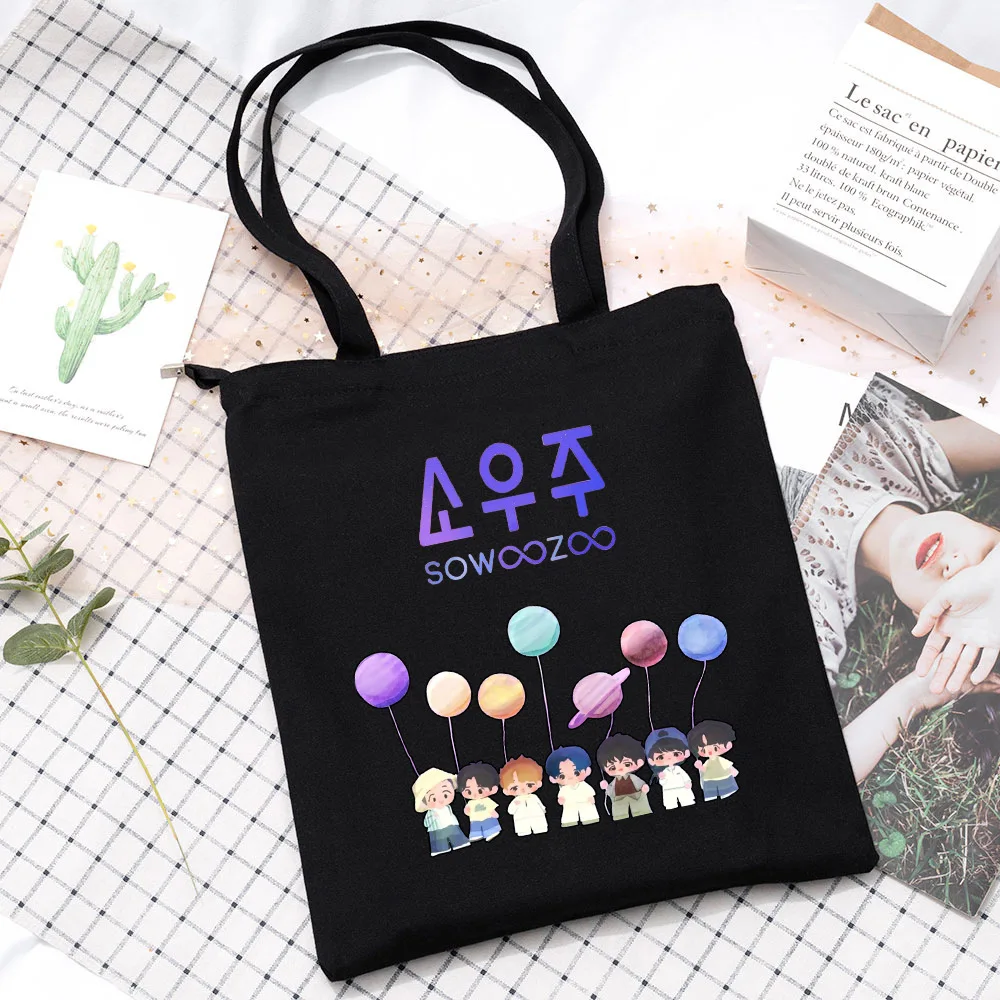 Kpop SOWOOZOO Large Capacity Canvas Shoulder Cute Cartoon Printed Shopping Bag Internal Bag Simple Handbag Jungkook Suga Jhope