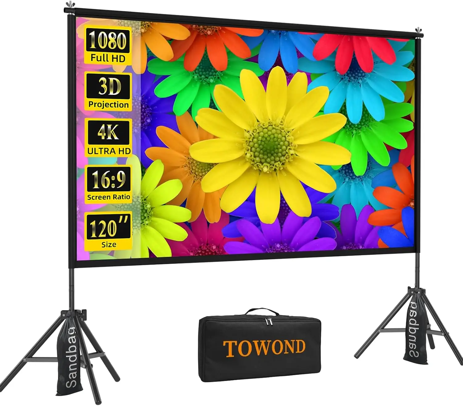 

120-Inch Portable Projector Screen with Stand, 16:9 HD for Indoor/Outdoor Movies, Wrinkle-Free Design & Carry Bag
