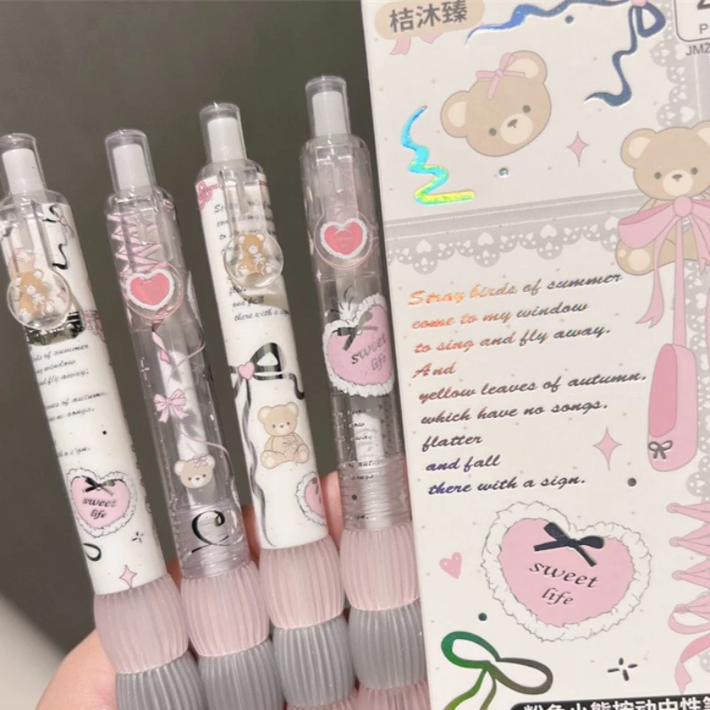 4pcs/set Cute Bear Bean Soft Grip Gel Pen Aesthetic Quick-drying Black Pen for Students Exam Writing Pen with Ribbon Print