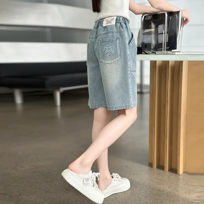 New 2025 Girls Summer Casual Thin Denim Shorts Trousers Children Fashion Bowknot Embroidery Jeans Clothing for 5-12 Years