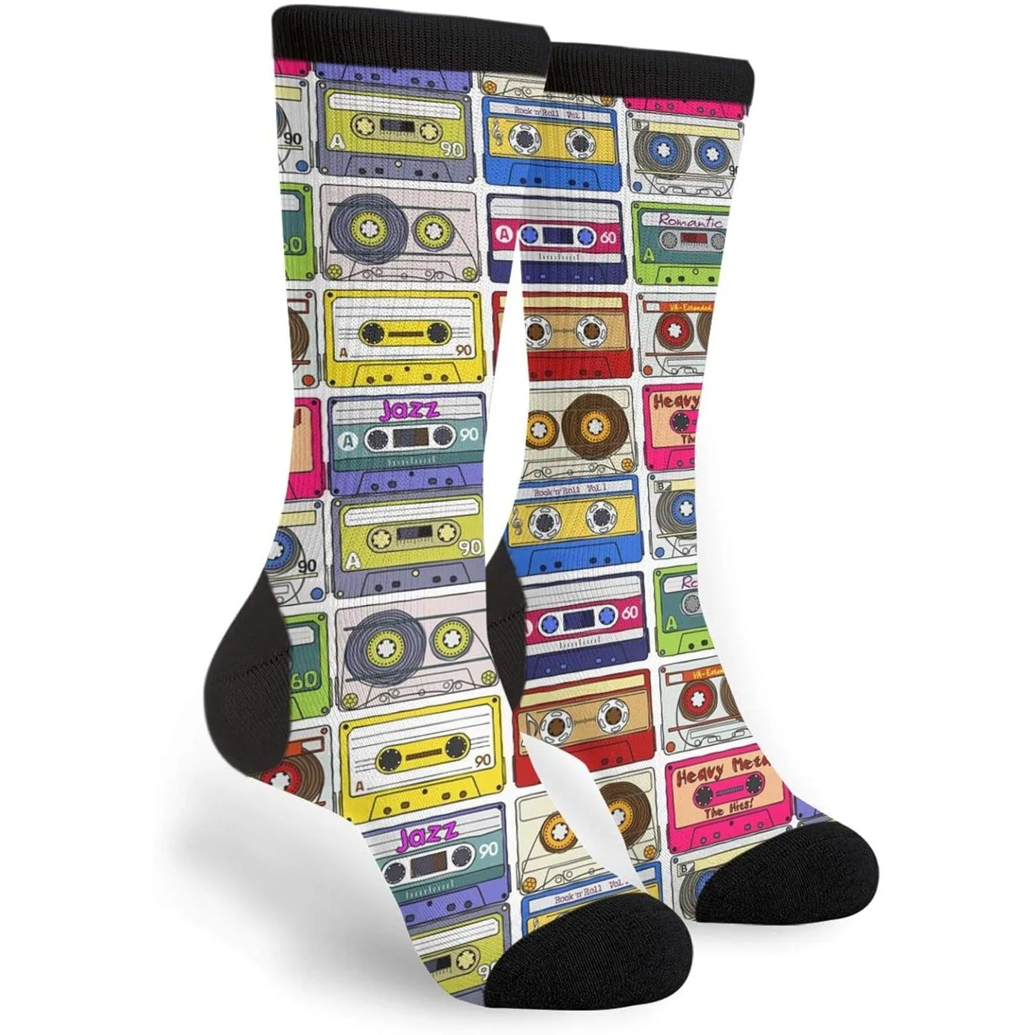 

Colorful Music Tape Cassettes Fun Colorful Novelty Graphic Crew Tube Socks For Men Women