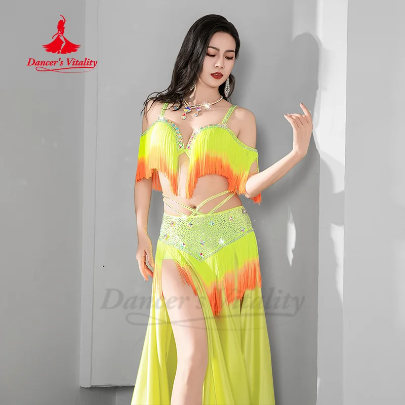 Conjunto de roupas para performance de dança do ventre, sutiã com borla gradiente + saia longa de cetim sexy, 2 peças, trajes de competição de dança oriental