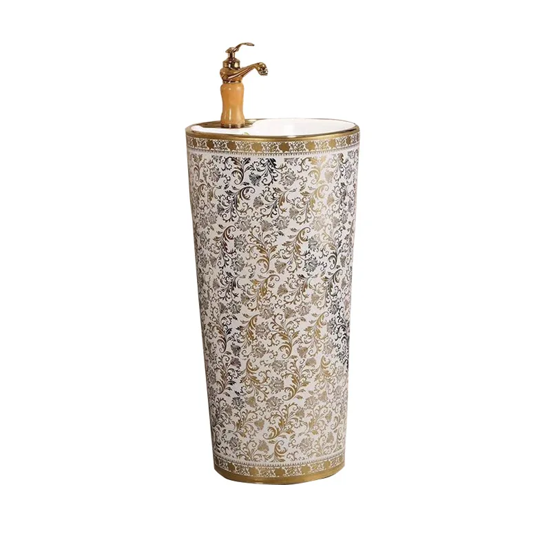 Electroplated integrated large column basin KTV night game washbasin export full gold pattern gold edge washbasin
