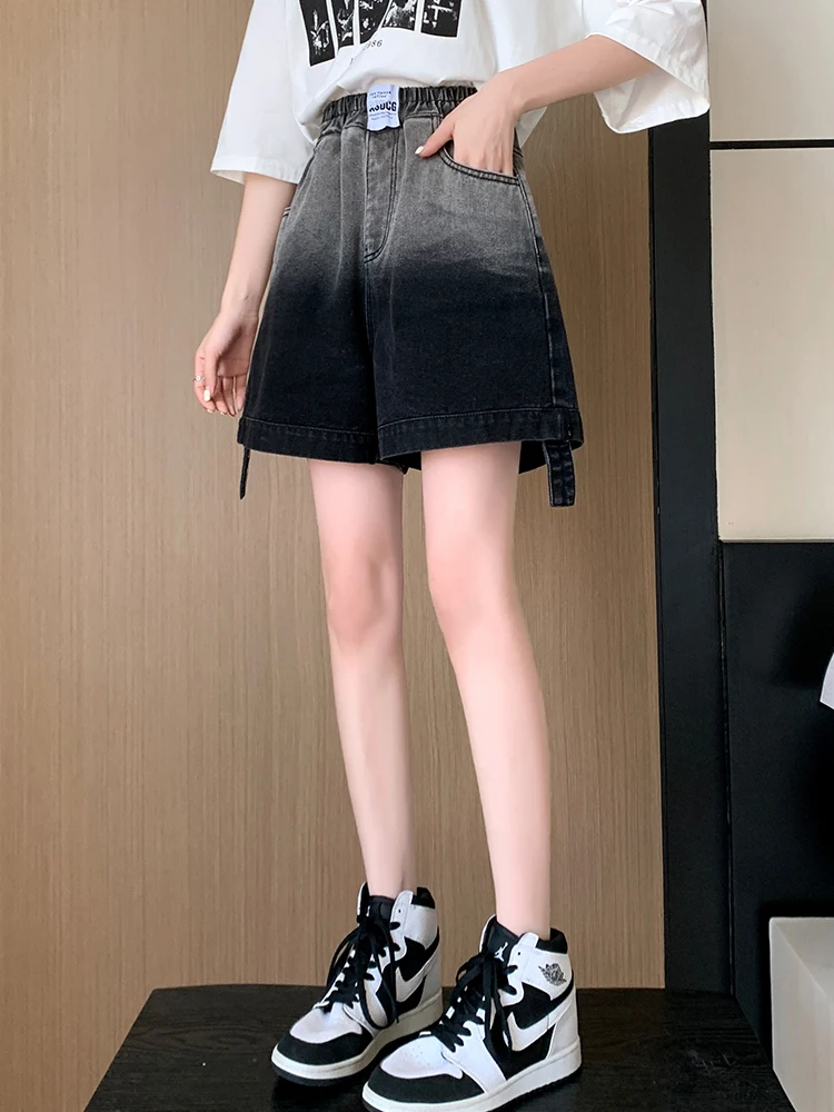 Gradient Color Denim Shorts For Women Summer Elastic Waist Wide Leg Loose A-Line Jean Shorts Casual Street Style Shorts
