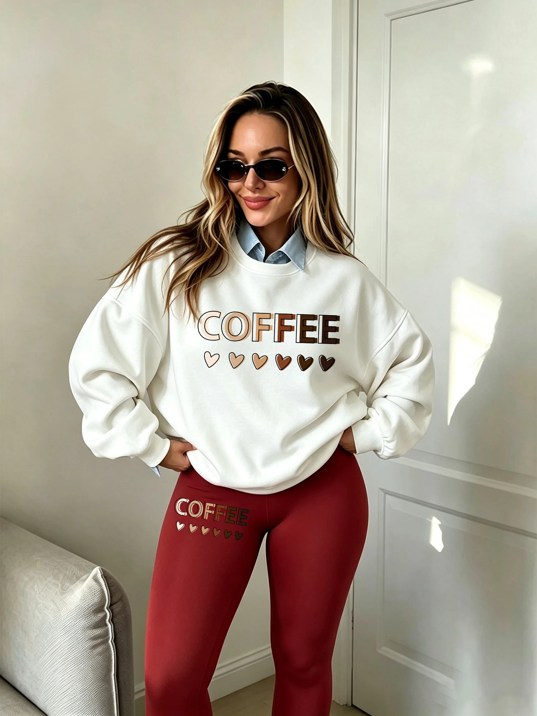 Love Coffee Funny Letter Pattern Sweatshirt Set Women Y2K Thicken Leggings Casual Crewneck Pullover Autumn Fleece Sportswear