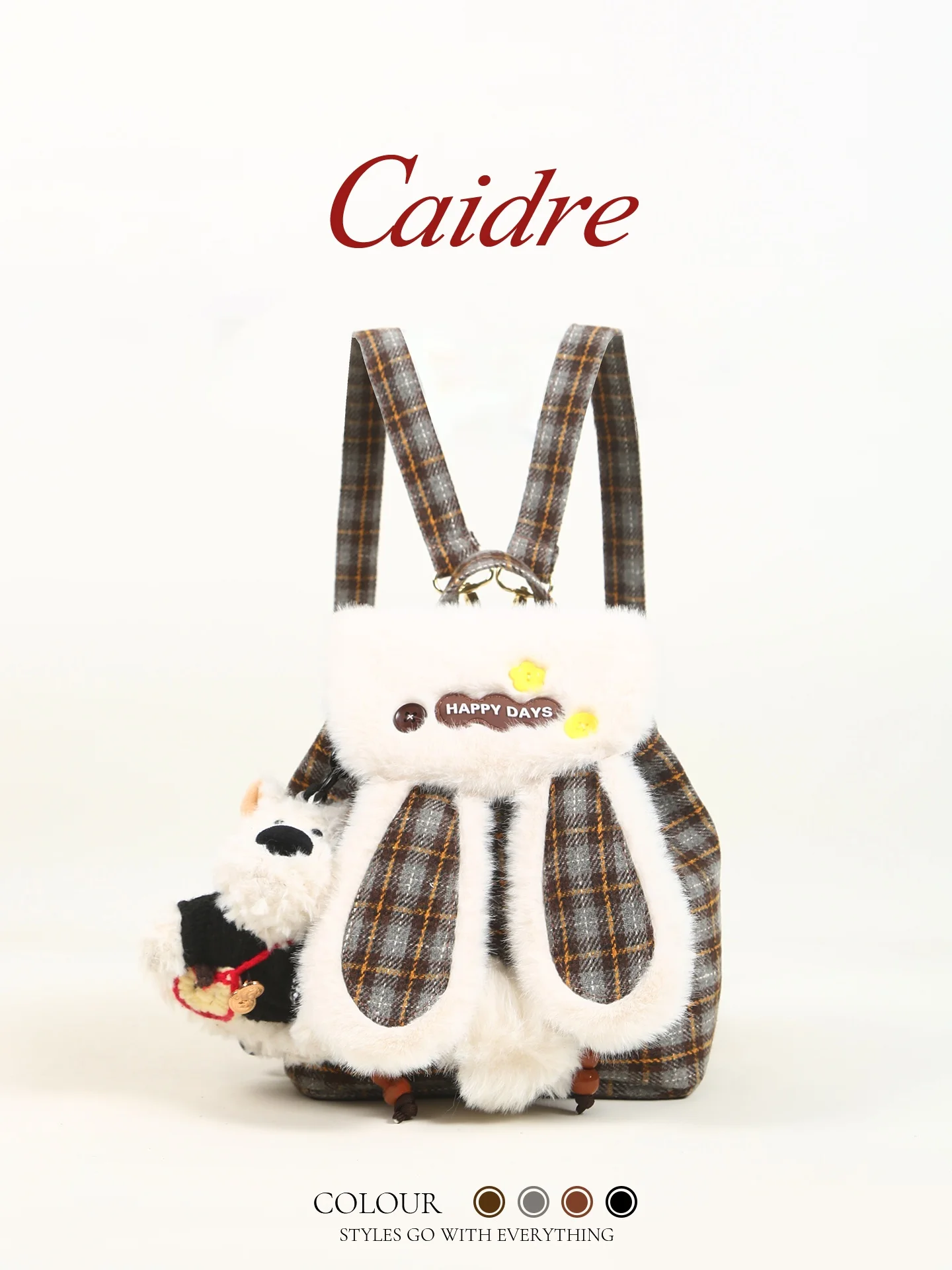 caidre-cute-little-dog-plaid-backpack-soft-fabric-women's-gift-plush-rabbit-ear-backpack-commuter-style-lightweight-waterproof
