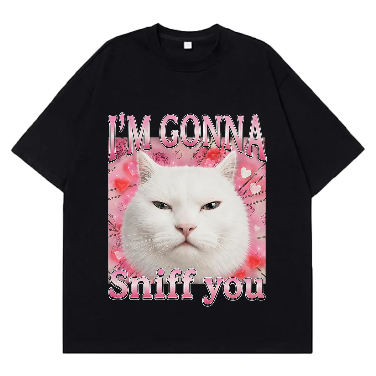 I’m Gonna Sniff You Funny Cat Meme T-shirt Men Women Aesthetic Trend T-shirts Short-sleeved Loose Casual Cotton Hip-hop T-shirt
