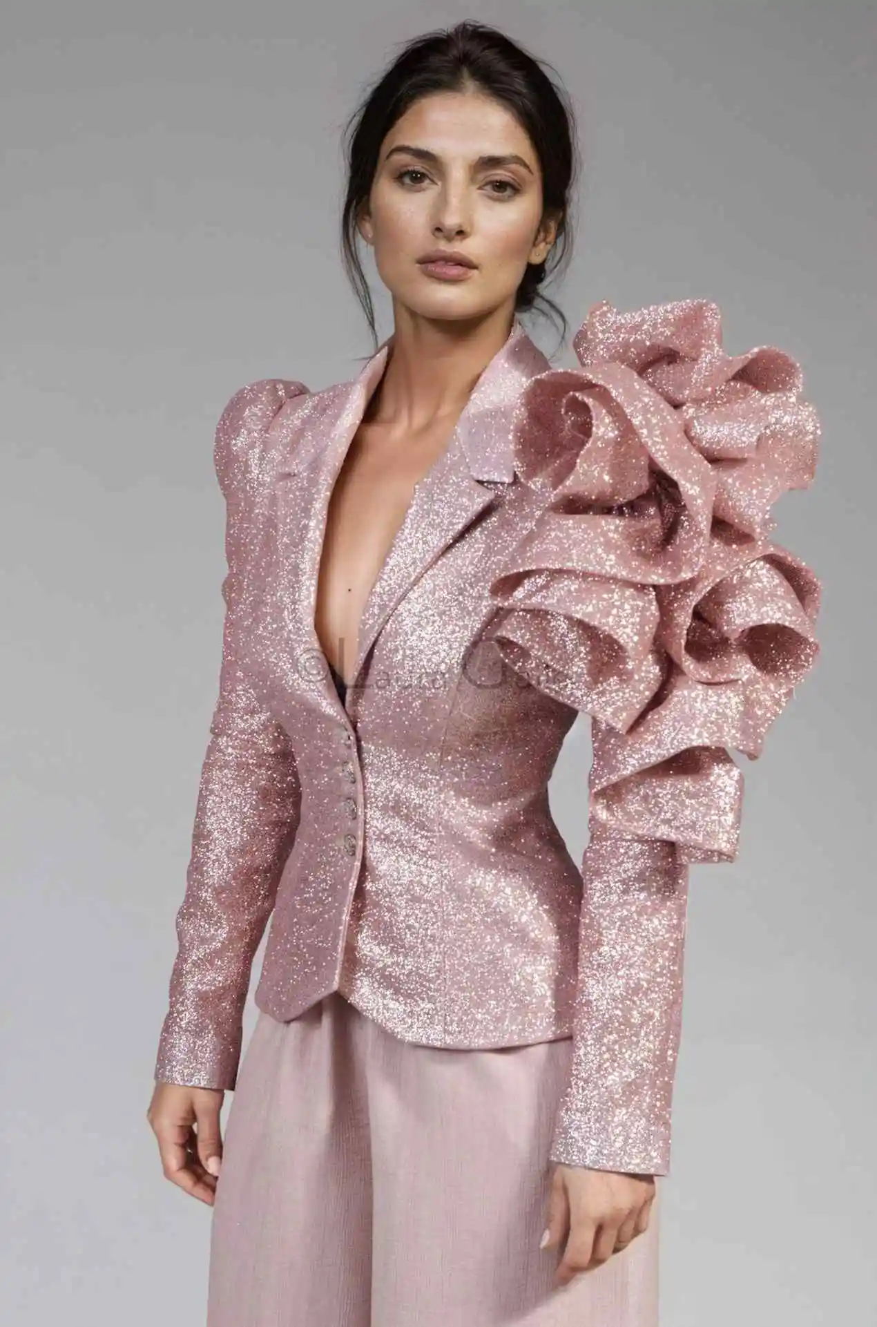 Bling Pink Women Blazer Dress Tiered Ruffles Long Sleeve Party Gown Custom Made Street Power Formal Wear One Piece