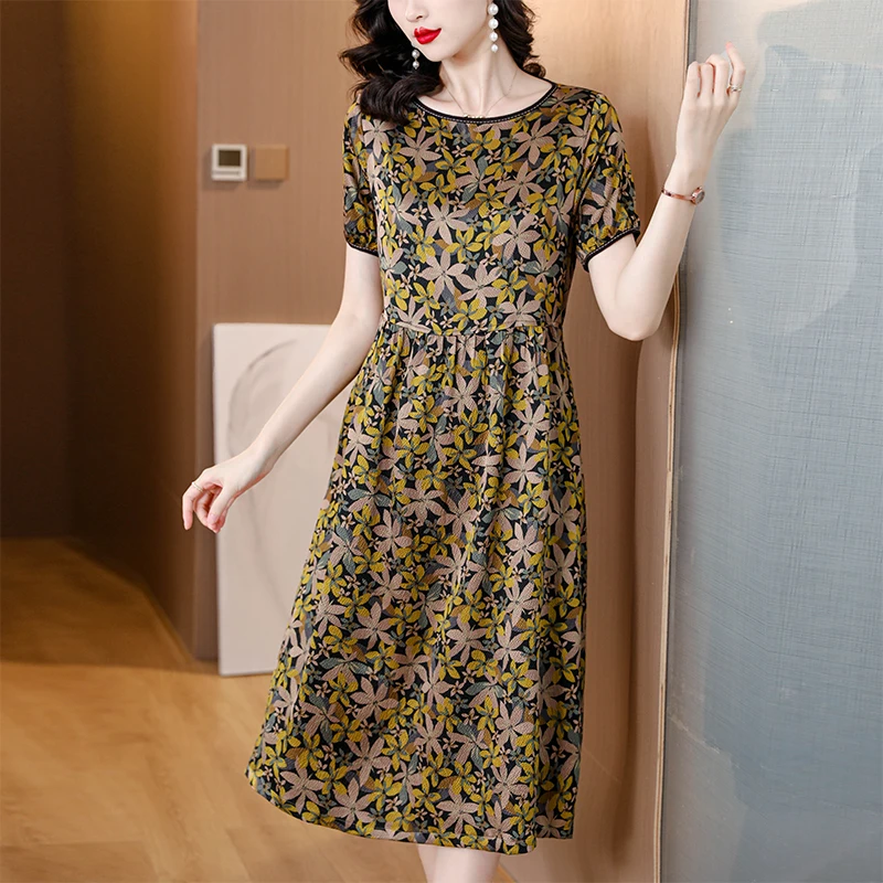 여름 여성 새틴 빈티지 럭셔리 Bodycon 드레스 2025 사무실 노란색 꽃 실크 미디 드레스 우아한 캐주얼 나이트 파티 Vestidos