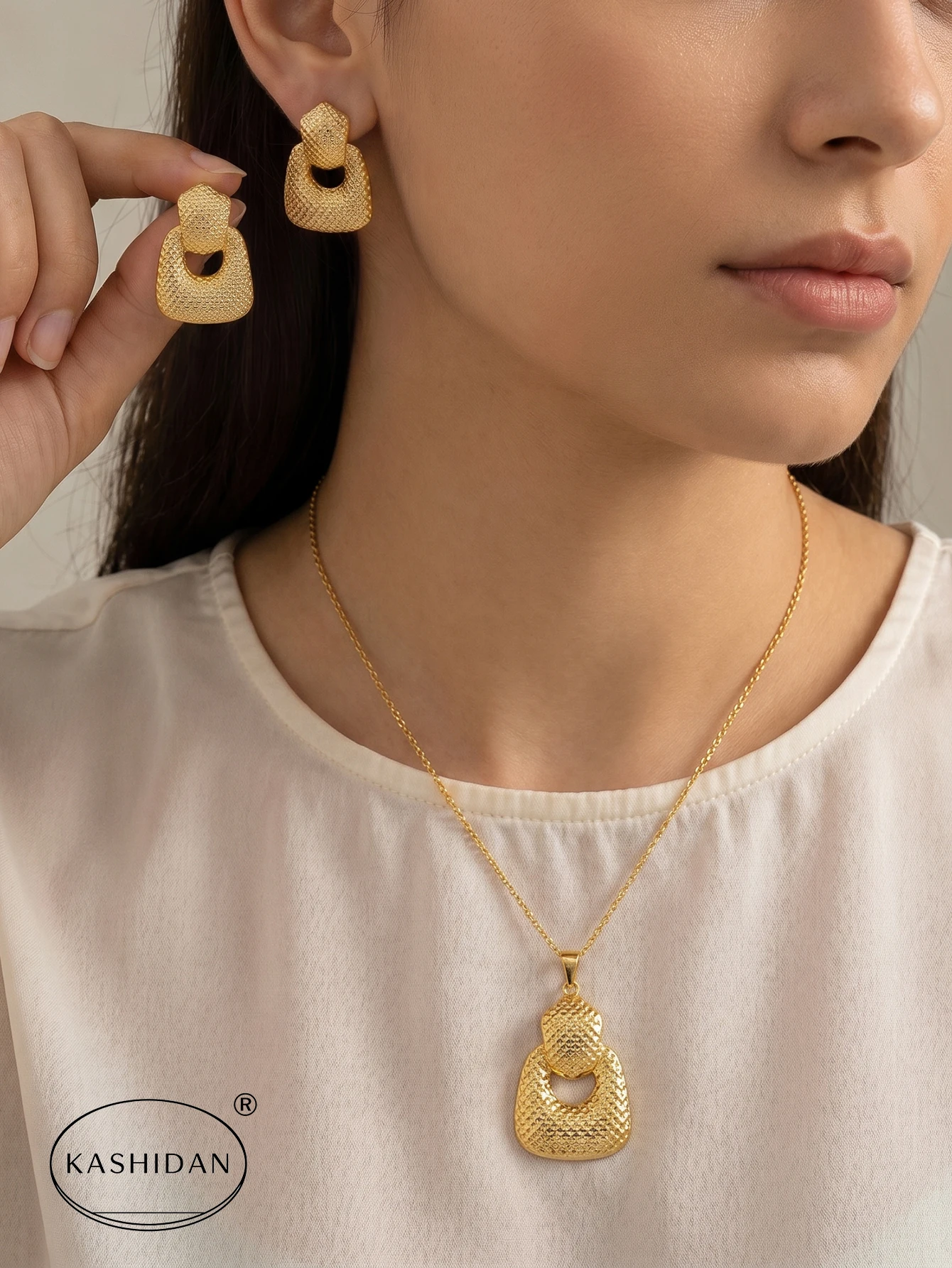 Fashion Stainless Steel Jewelry Set for Women Retro Door Knocker Pendant Necklace Textured Mesh Grid Earrings Bijoux
