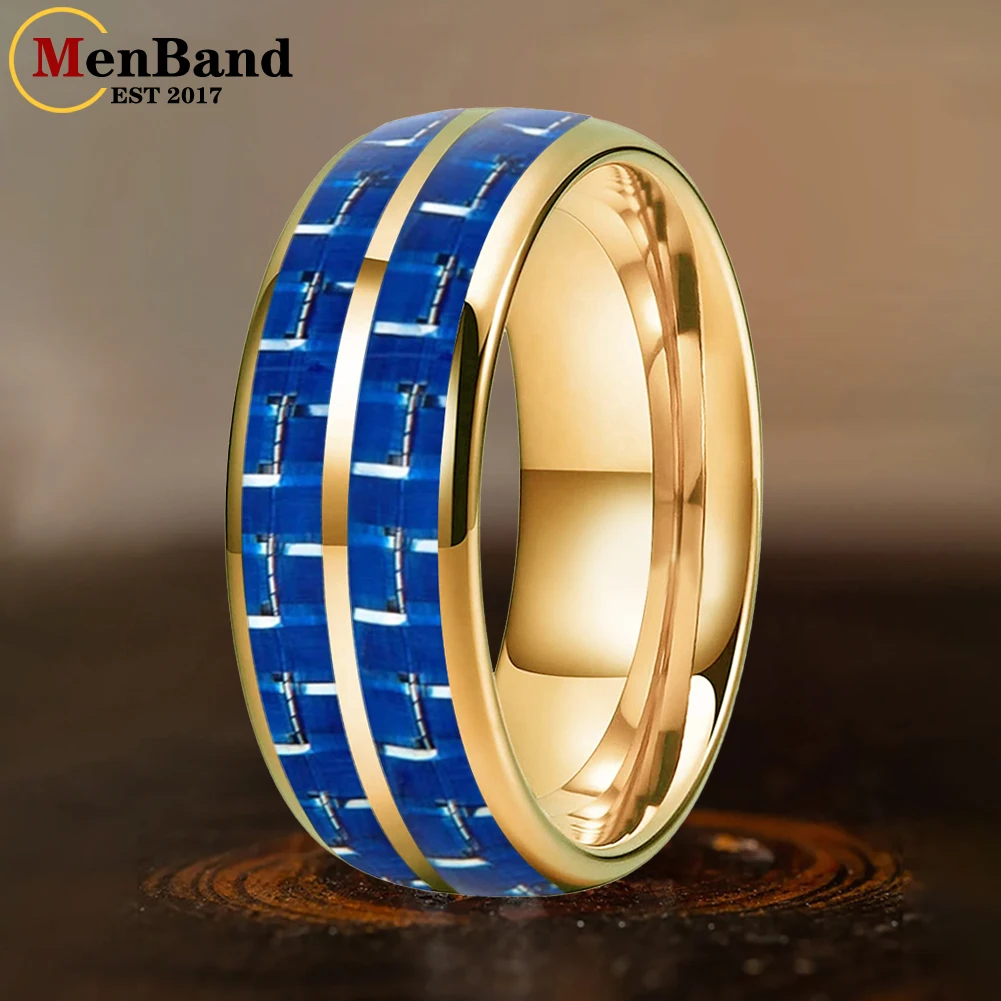 

MenBand 6/8mm Domed Double Groove Blue White Carbon Fiber Inlay Tungsten Ring for Men Women Fashion Engagement Wedding Band