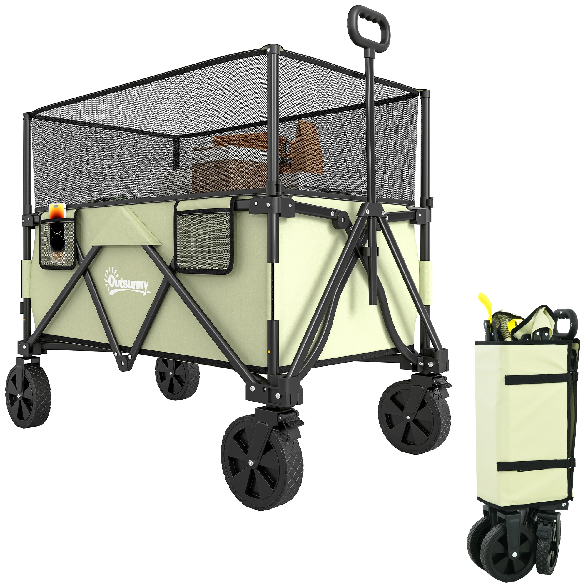 Outsunny Carro Plegable 180 L con Longitud y Ángulo del Mango Ajustables y Paredes Laterales Extensibles Carga 120 kg Caqui