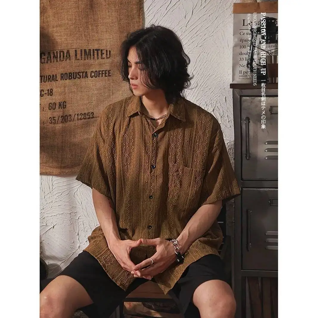 Men's Casual Shirts 2025 Summer Japanese Style Retro Design Hollow Out Short-Sleeve Shirt Ethnic Vibe Edgy Loose Casual Shirt