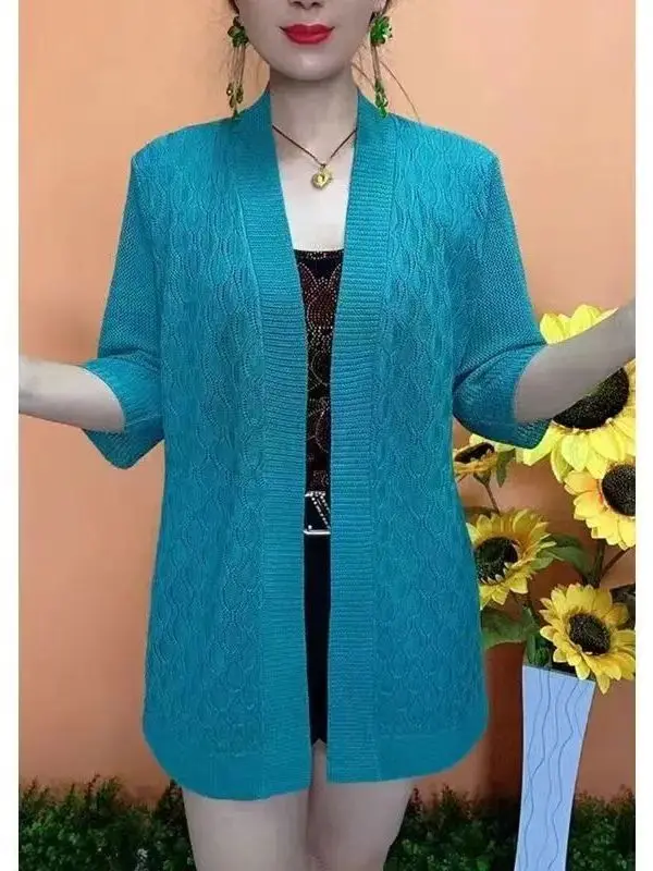 Chic Ice Silk V-Neck Shoulder Wrap Outerwear Pure Color Versatile Summer Trend Korean Style Knitted Cardigan Fashionable Top