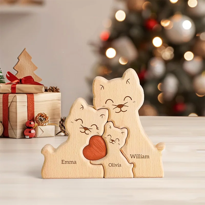 Wooden Cat Art Puzzle Warm Family Handmade Laser Engraving Gifts for Mom Anniversary Thanksgiving Christmas Crafts Ornaments