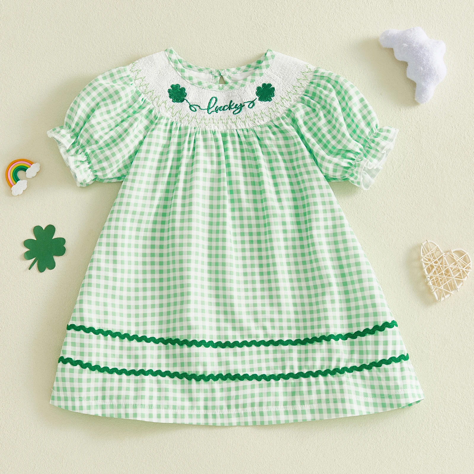 FOCUSNORM 0-5Y Lovely Toddler Kids Girls Irish Day Dress Letter Shamrock Embroidery Plaid Round Neck Short Sleeves A Line Dress