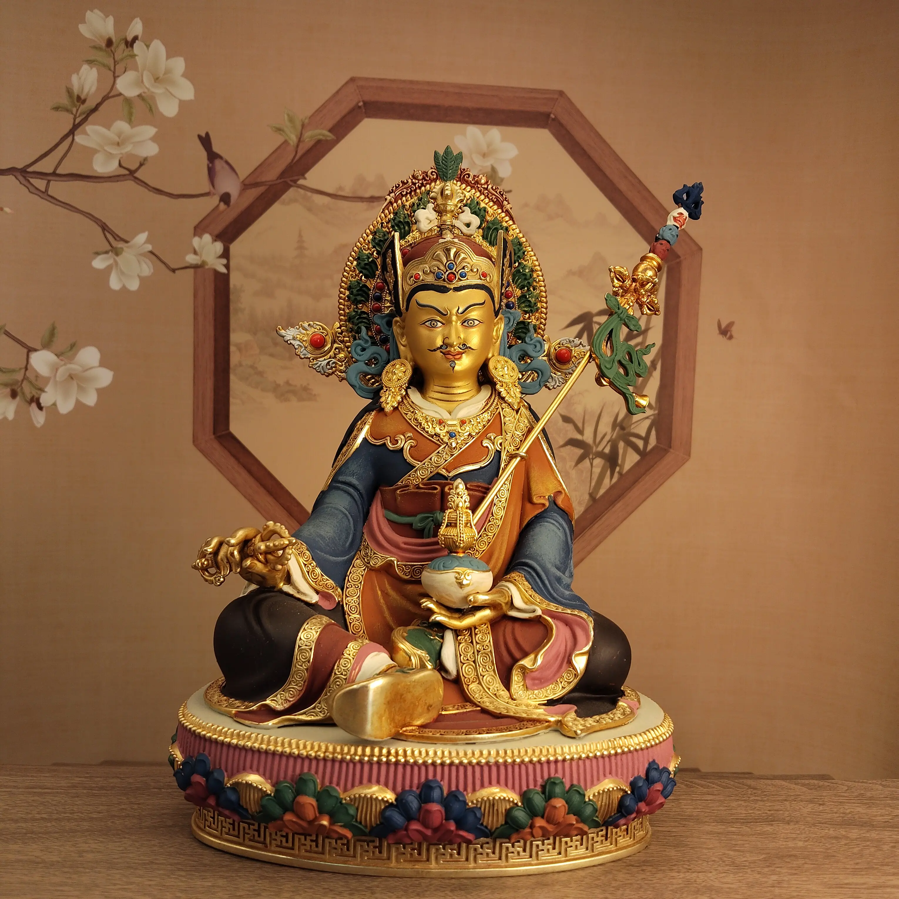Nepal Full Painted Padmasambhava Guru Rinpoche Statue 23cm Home Living Room Altar Blessing