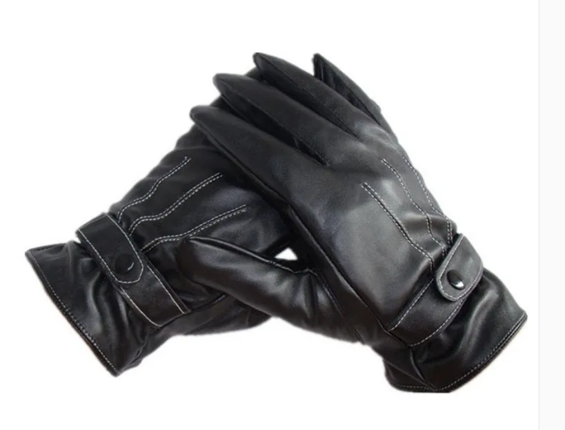 Gloves Men Winter Leather Black Gloves Button Warm Mittens Luxurious PU Leather Driving Men\'s Genuine Gloves Black