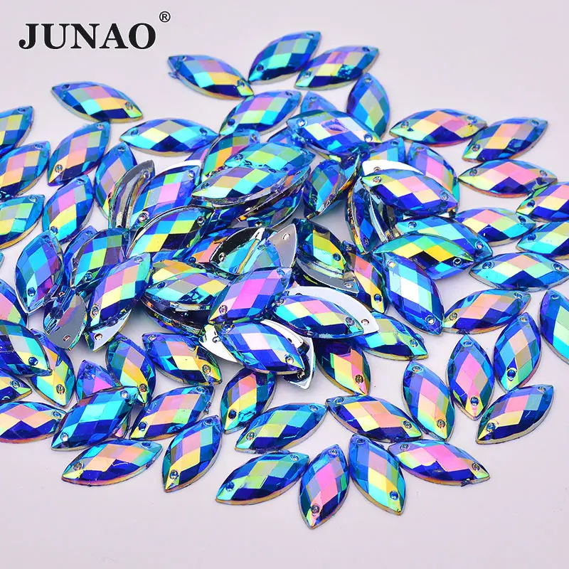 JUNAO 100Pcs 7*15mm Blue AB Crystals Sewing Horse Eye Rhinestones Applique Flat Back Acrylic Diamond For Clothing Accessories