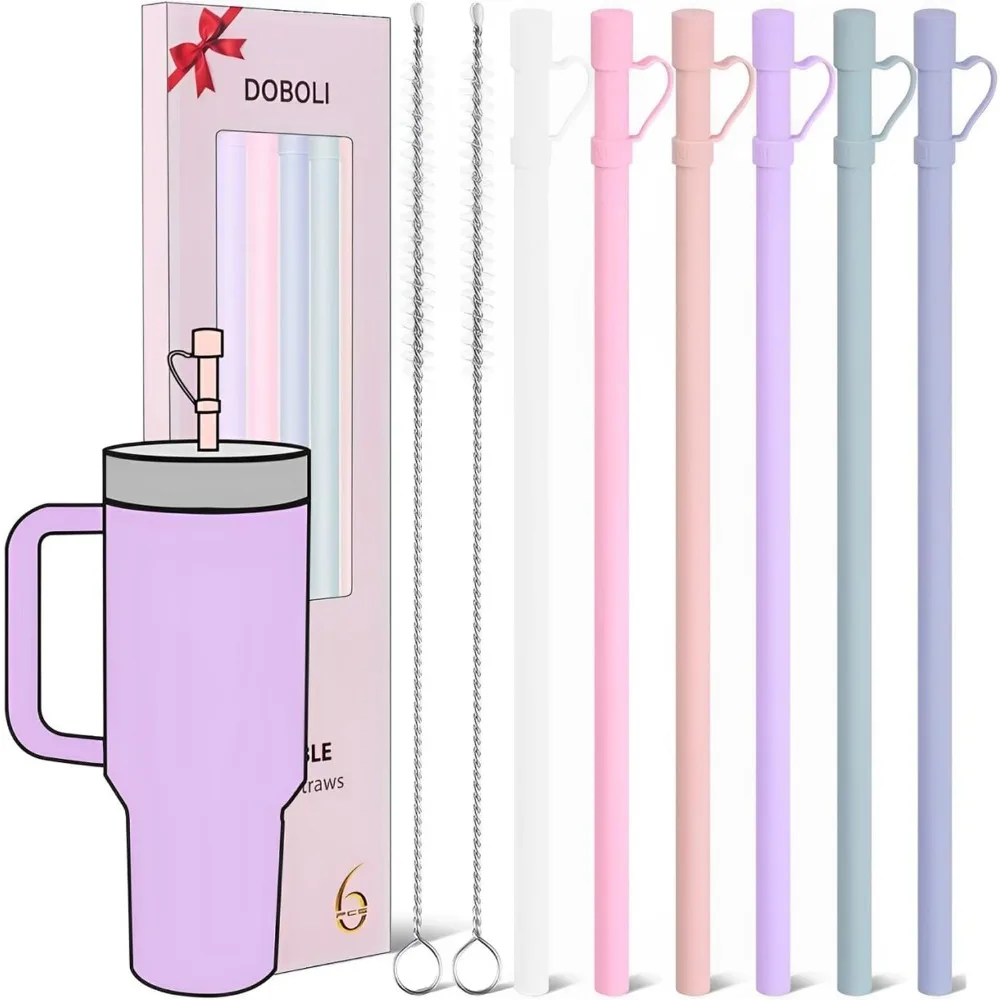 

Reusable Replacement 12 inch Long Silicone Straw With Cover, Compatible with Stanley Tumbler Cup Accessorie 40 oz 30 oz (6 Pack)