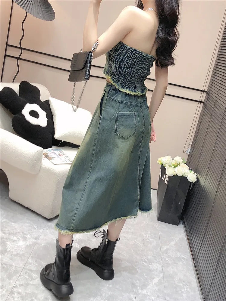 Korean suit women\'s Spring Summer sexy bra short tank top + high waist fringed denim skirt two-piece set 2023