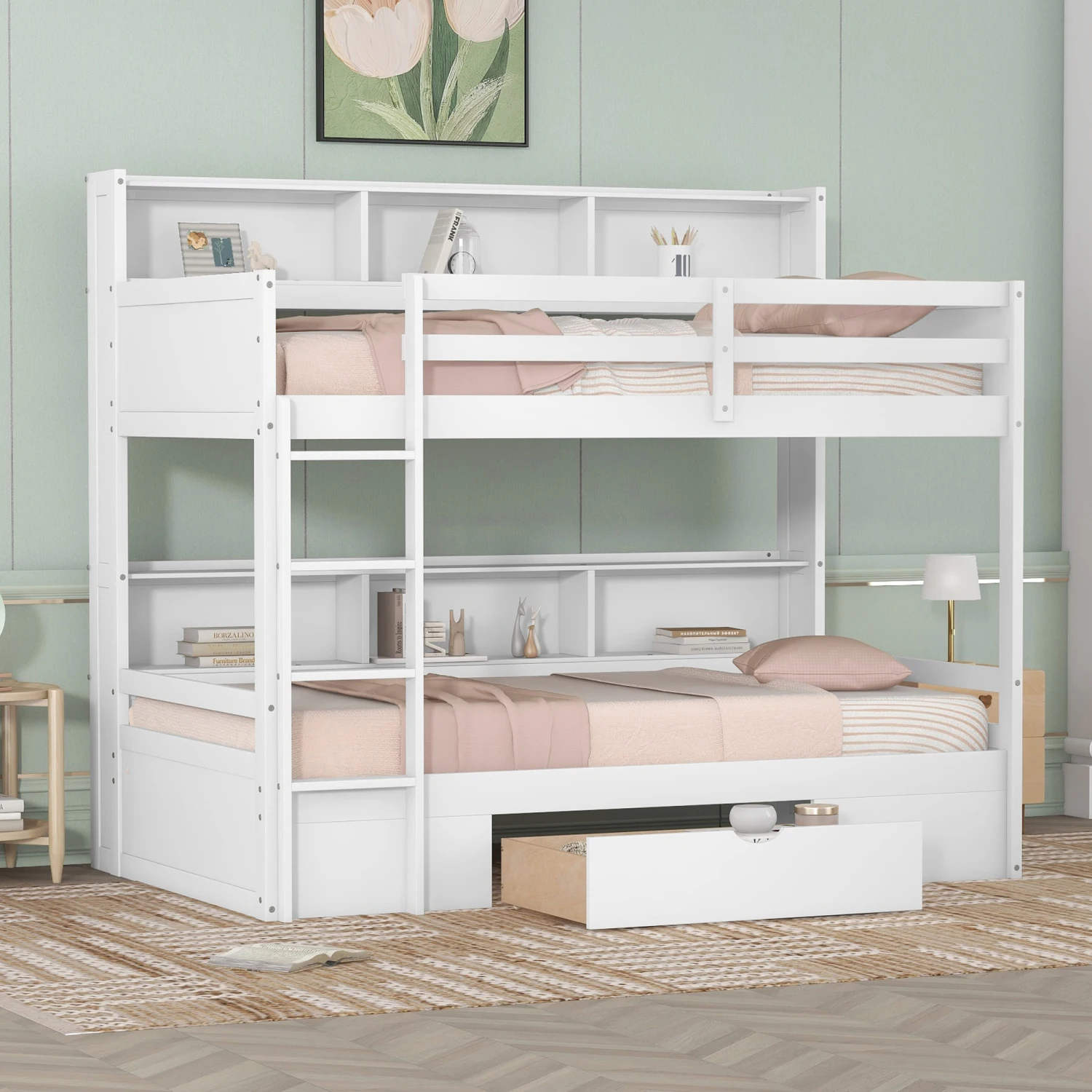 

Twin Size Bunk Bed with Built-in Shelves Beside both Upper and Down Bed and Storage Drawer,White