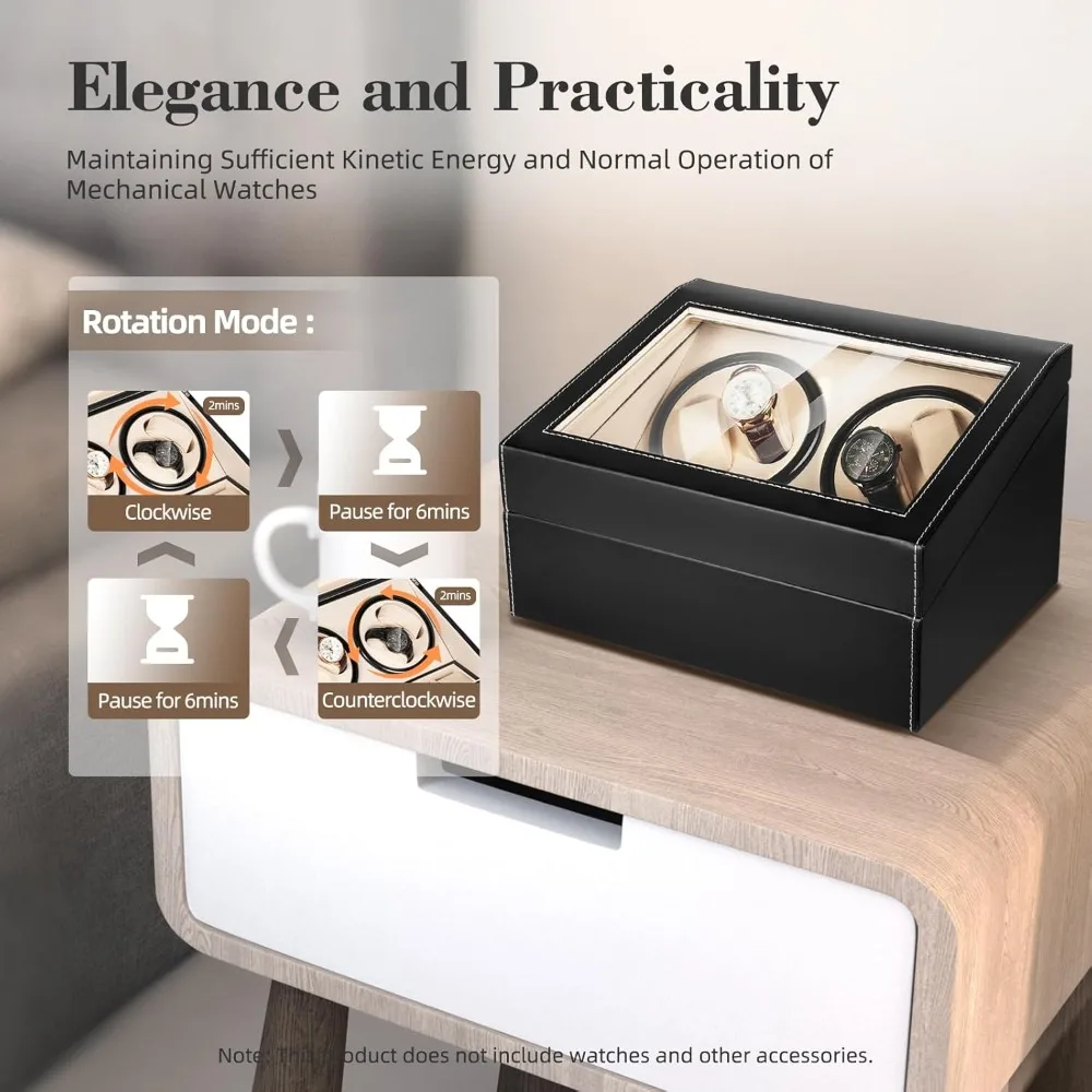 Watch Winder Box with Silent Bidirectional Motor, 4 Rotating +6 Storage Compartments, 10dB Quiet Automatic Watch Winder