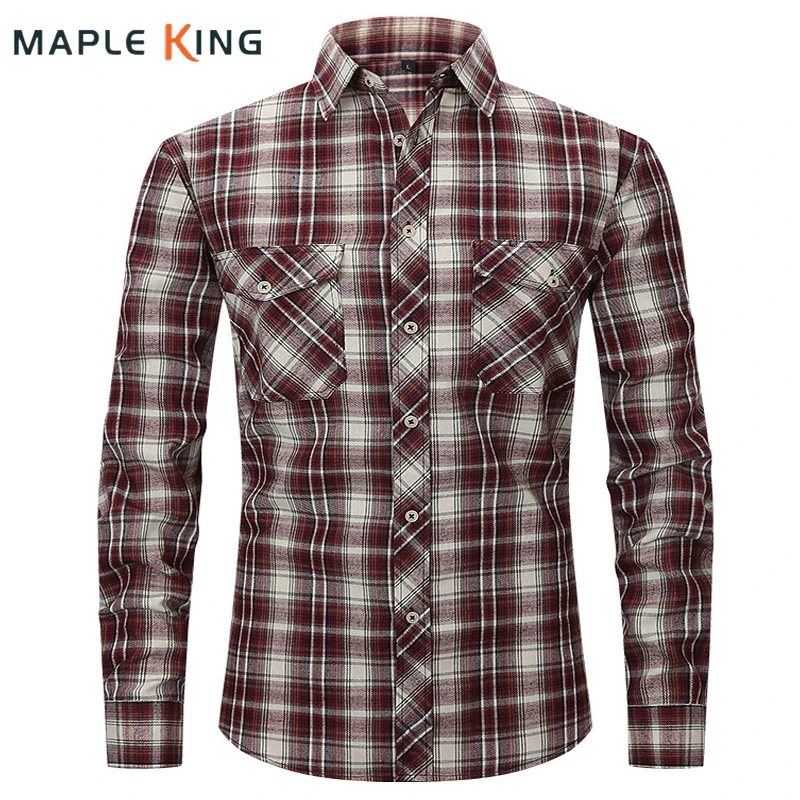 Double Pockets Brushed Plaid Shirt for Men Cardigan Streetwear Vintage Clothes Men Long Sleeve Loose Comfortable Button Up Shirt