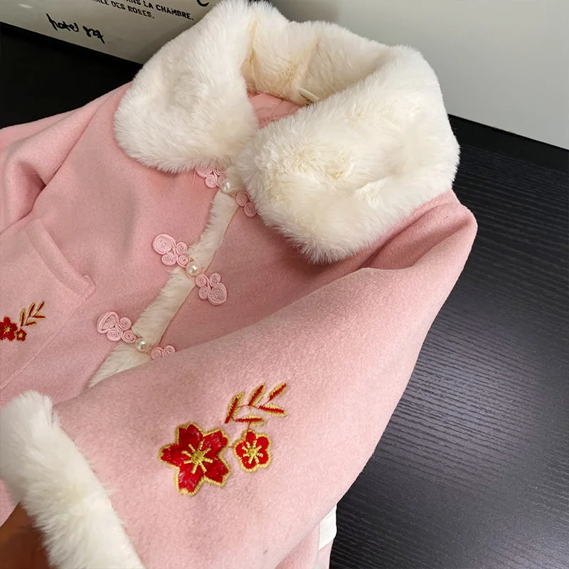 Kids Winter Thick Coat Red Pink Clothes Chinese Style Tang Suit Princess Warm New Year Girls Skirt Oriental Traditional Costume