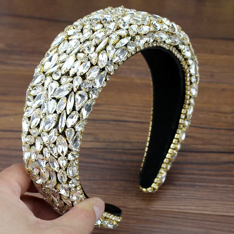 Gorgeous Luxury Hair Accessories Full Clear Crystal Sponge Hairbands Baroque Padded Rhinestones Headbands For Women Wedding