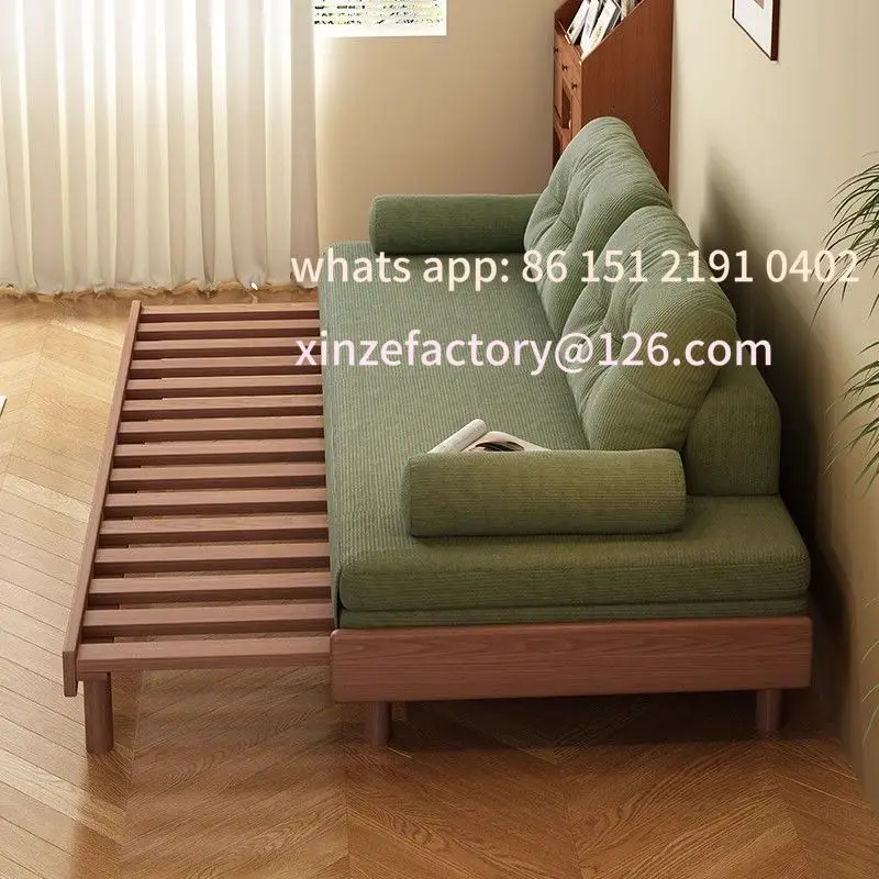 Customizable new ash wood sofa bed folding dual-purpose small apartment living room single double corduroy all solid wood sofa b