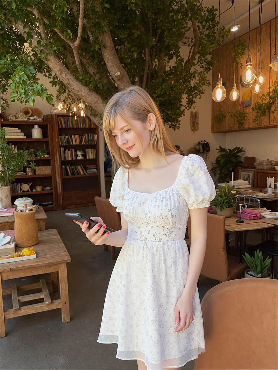 فستان نسائي أبيض أنيق أنيق فضفاض مناسب صغير زهري بدون ظهر سبليت سفلي طراز عتيق دانتيل بوهو بأكمام منتفخة صيفية #6