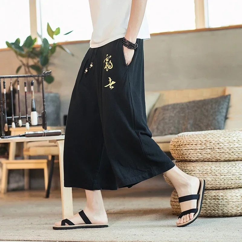 Chinese Style Cotton Linen Harem Jogger Pants Men Calf-Length Summer Men Sweatpants Casual Wide Leg Kimonos Trousers Men 10985 M