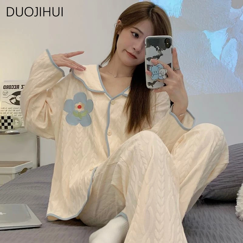 DUOJIHUI Two Piece Autumn Loose Casual Home Pajamas for Women Chic Button Cardigan Basic Pant Simple Fashion Female Pajamas Set