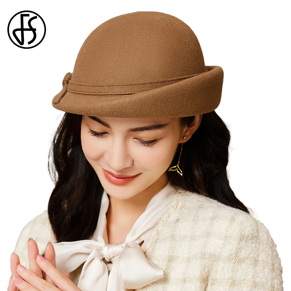 FS Fashion Eleganckie czapki dla kobiet Ślub Impreza Zimowa czapka Warped Edge Beret Ladies Vintage Floppy Wool Felt Hat 2025