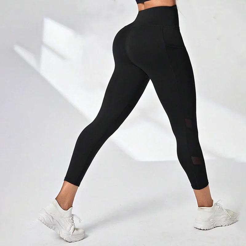 Mesh High Waist Yoga Pants Capri Leggings with Pockets for Women Tummy Control Workout Capri Leggings for Women