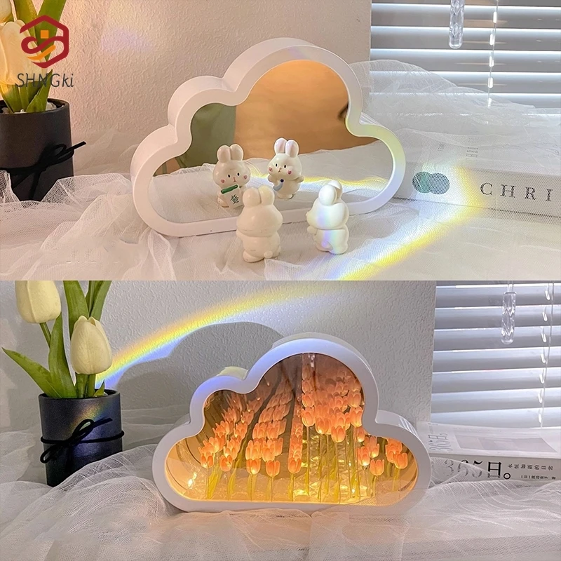 DIY Cloud Mirror Tulip Lamp Simulation Flower Bedroom Sleeping Table Lamp Handmade Craft Tulips Mirror Night Light Birthday Gift