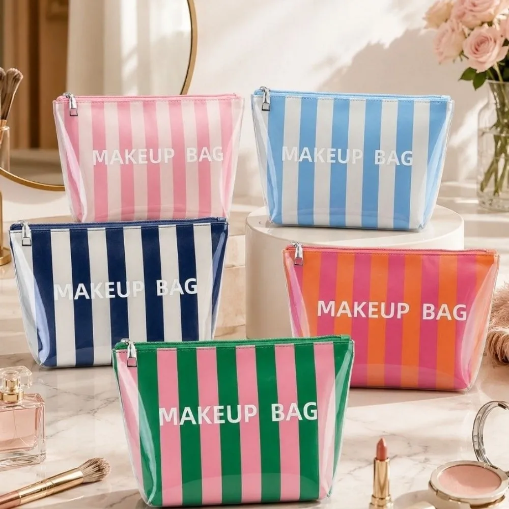 Large Capacity Striped Makeup Bag Lightweight Hand-Held PVC Cosmetic Bag Multipurpose PVC Toiletry Storage Bag Travel