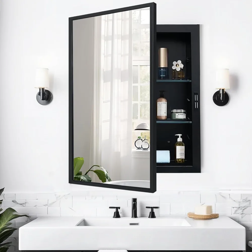 

Recessed Medicine Cabinets with Mirror, Black Bathroom Mirror with Storage, Rectangle Medicine Cabinet Mirror, Metal Framed Wall