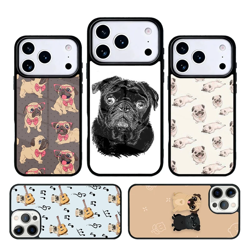 Capa de Celular Fofa com Estampa de Cachorro Pug para iPhone 11 12 13 14 15 16e 17 Pro Max e iPhone 17 Air