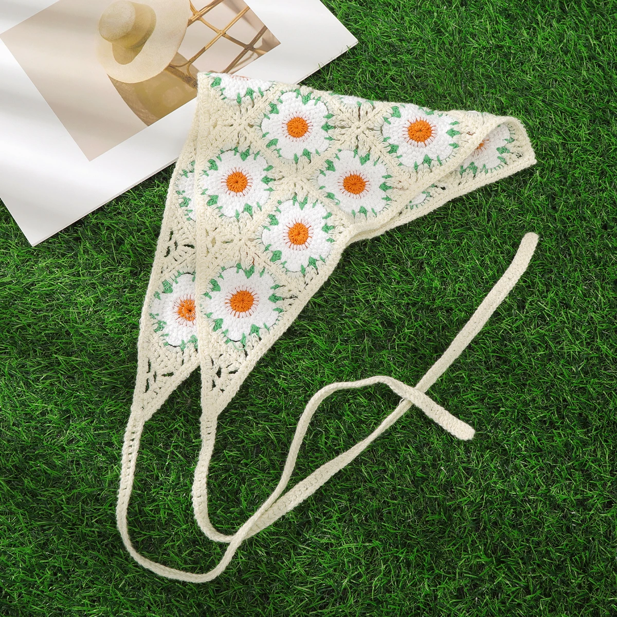 AWAYTR Knitted Daisy Headband Hair Scarf Bands for Women Party Headwear Cartoon Print Bandana Turban Hairband Headpiece