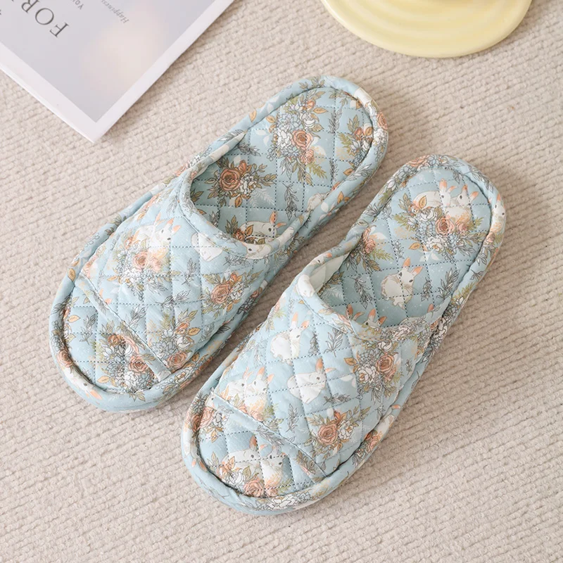 Thickened Three-Layer Soft Bottom Anti-Slip Silent Breathable Indoor Home Floral Cotton Slippers Women's Country Style Slippers