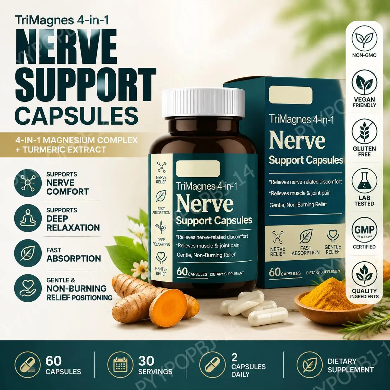 

Googeer TriMagnes 4-in-1 Nerve Support Capsules Gentle Supports Nerve Comfort Magnesium Complex and Turmeric Extract 60 Capsules